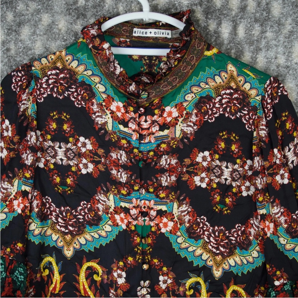 Alice Olivia Liberty Printed Ruffled Blouse Bell Sleeves Size S Mock Neck Boho - Picture 7 of 16